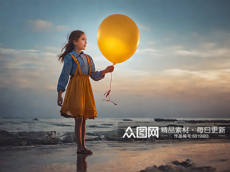 摄影风海边拿着气球的女孩AI数字艺术素材