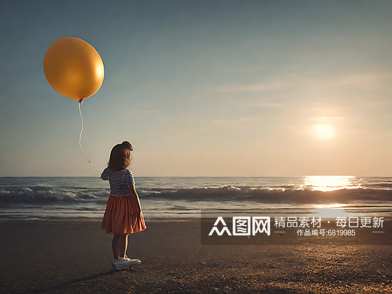 摄影风海边拿着气球的女孩AI数字艺术素材