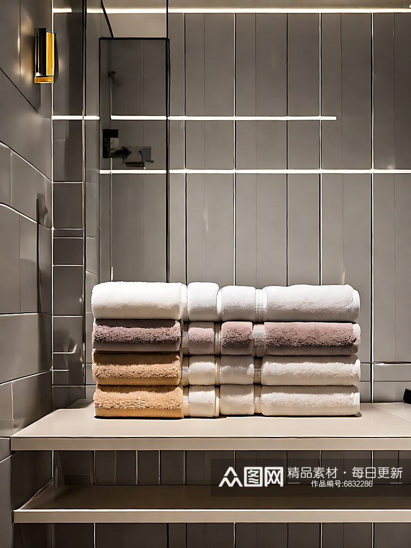 摄影风浴室里摆放整齐的毛巾AI数字艺术素材