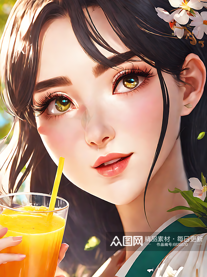 动漫风阳光下喝橙汁的女孩AI数字艺术素材