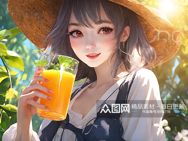 动漫风阳光下喝橙汁的女孩AI数字艺术素材