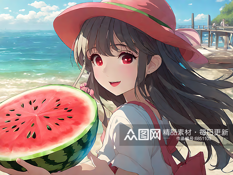 动漫风夏天在海边吃西瓜的女孩AI数字艺术素材