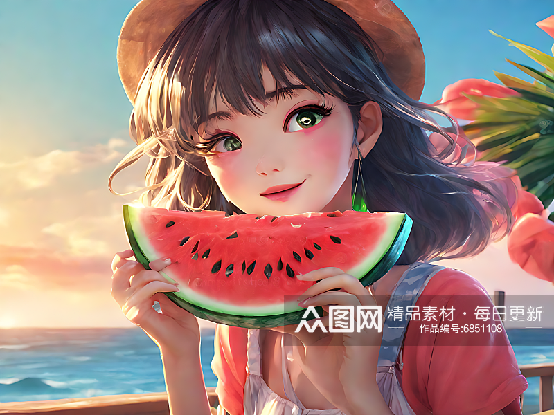 动漫风夏天在海边吃西瓜的女孩AI数字艺术素材