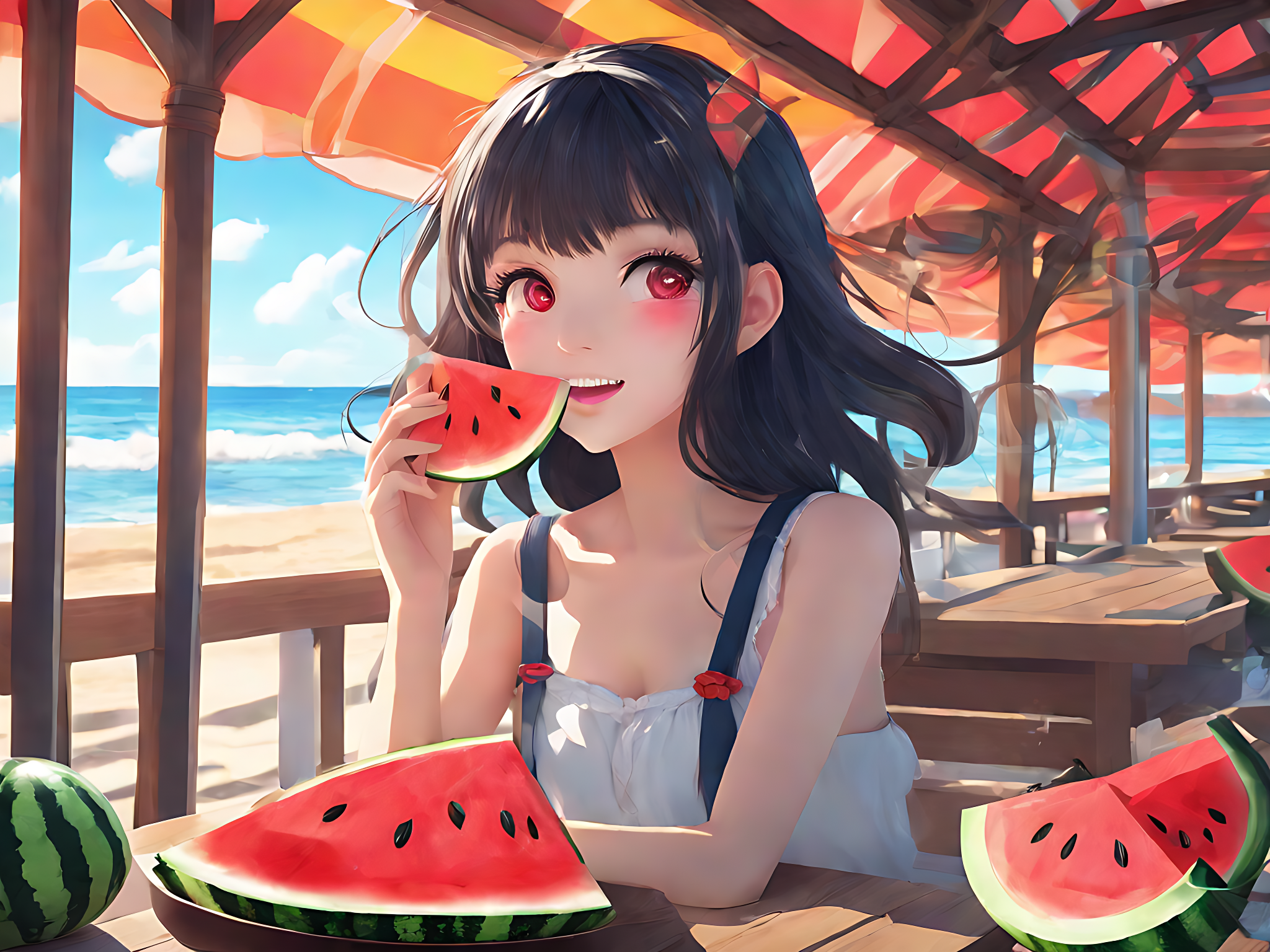 动漫风夏天在海边吃西瓜的女孩AI数字艺术素材