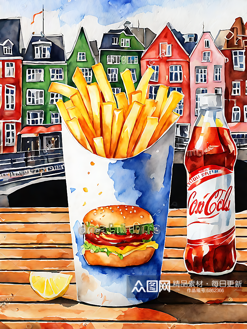 汉堡薯条可乐水彩画AI数字艺术素材
