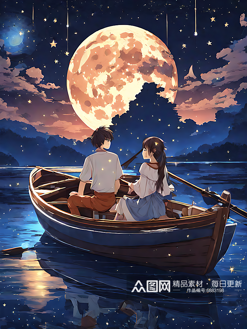 动漫风夜晚划船的情侣AI数字艺术素材