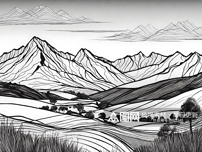 黑白手绘线条夕阳下的山脉AI数字艺术素材
