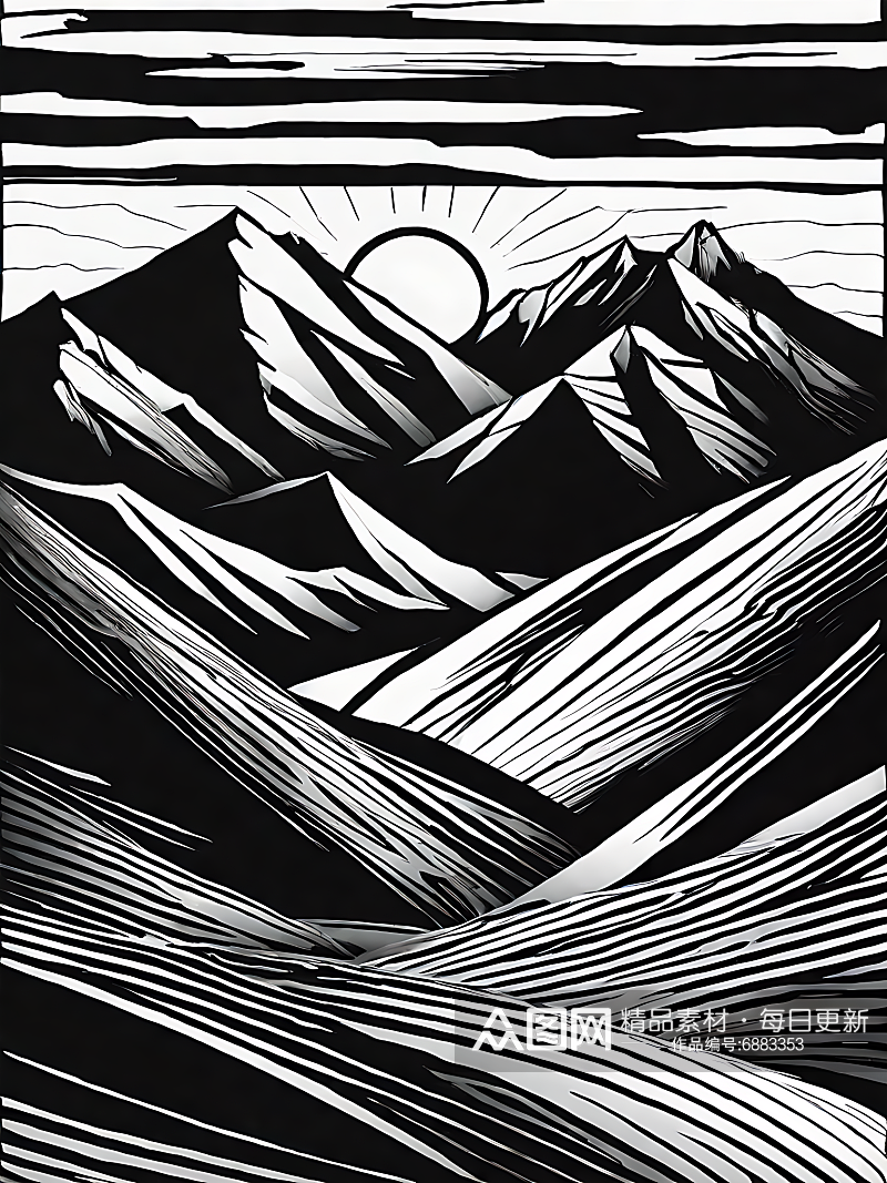 黑白手绘线条夕阳下的山脉AI数字艺术素材