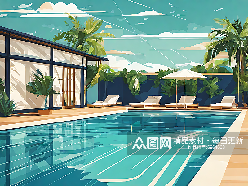 扁平风夏季游泳池插画AI数字艺术素材