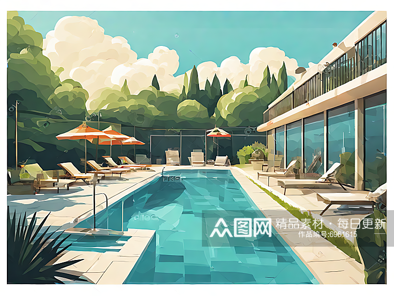 扁平风夏季游泳池插画AI数字艺术素材