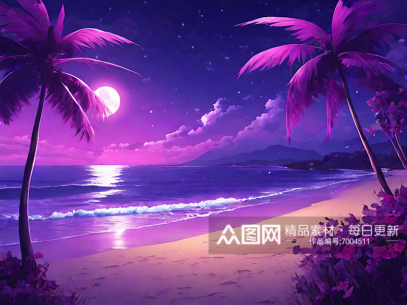 动漫风紫色浪漫的夜晚海滩AI数字艺术素材