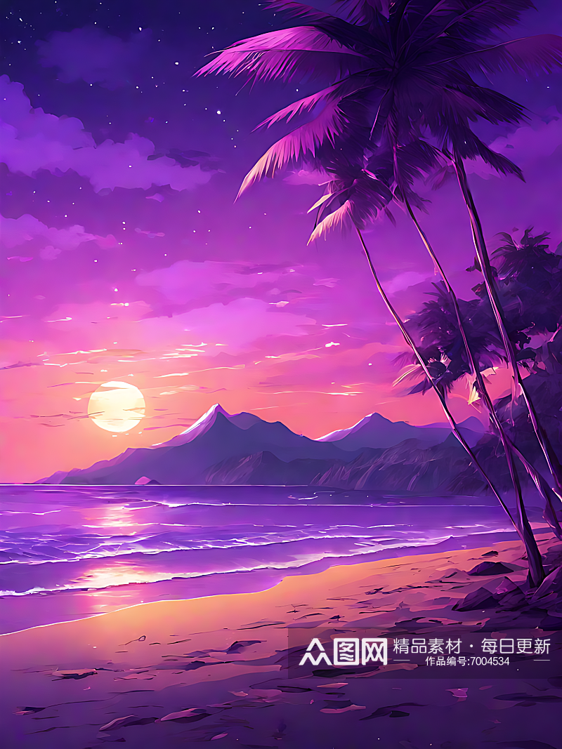 动漫风紫色浪漫的夜晚海滩AI数字艺术素材