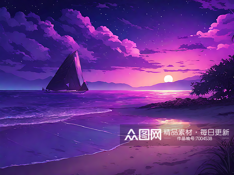 动漫风紫色浪漫的夜晚海滩AI数字艺术素材