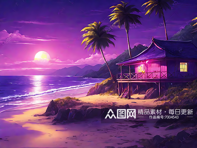 动漫风紫色浪漫的夜晚海滩AI数字艺术素材