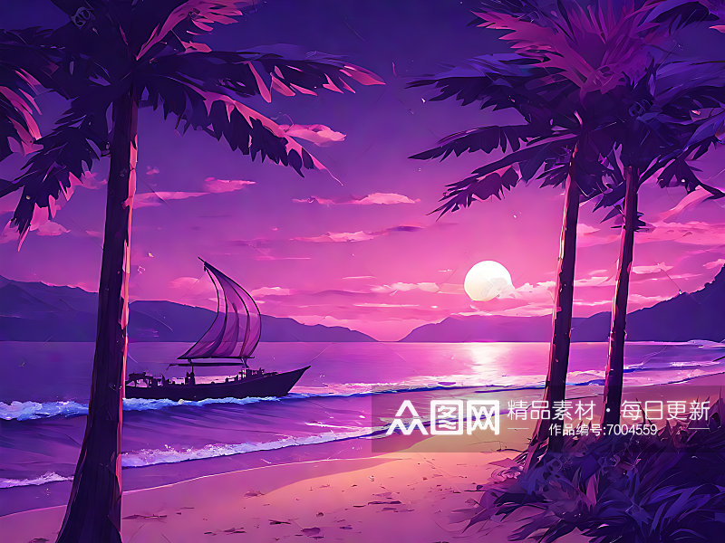 动漫风紫色浪漫的夜晚海滩AI数字艺术素材