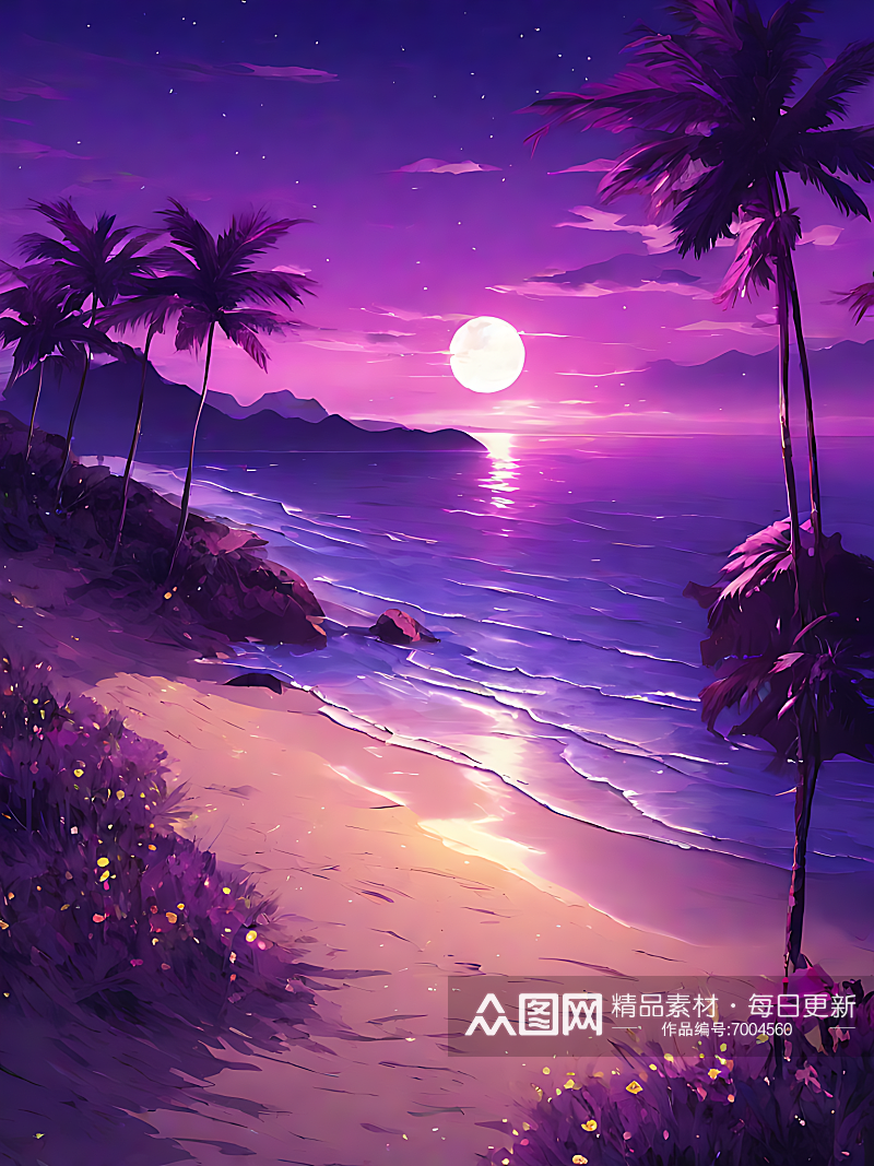 动漫风紫色浪漫的夜晚海滩AI数字艺术素材