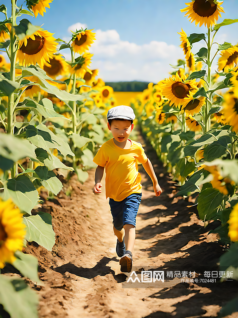 向日葵花海里奔跑的男孩水彩画AI数字艺术素材