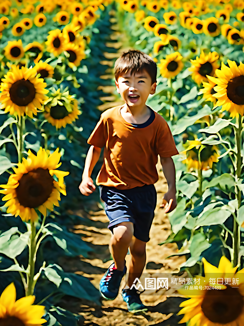 向日葵花海里奔跑的男孩水彩画AI数字艺术素材