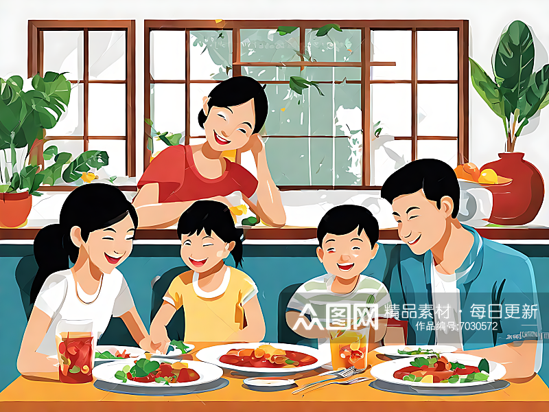 卡通温馨一家人在吃饭AI数字艺术素材