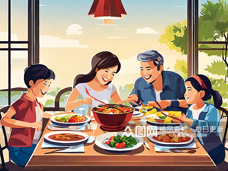 卡通温馨一家人在吃饭AI数字艺术素材