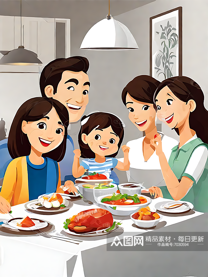 AI数字艺术卡通一家人在吃饭素材