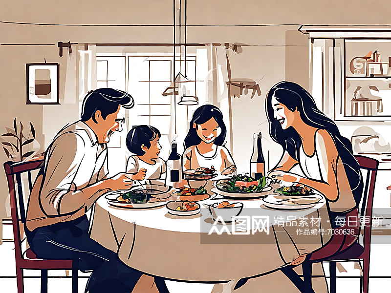 AI数字艺术卡通一家人在吃饭素材