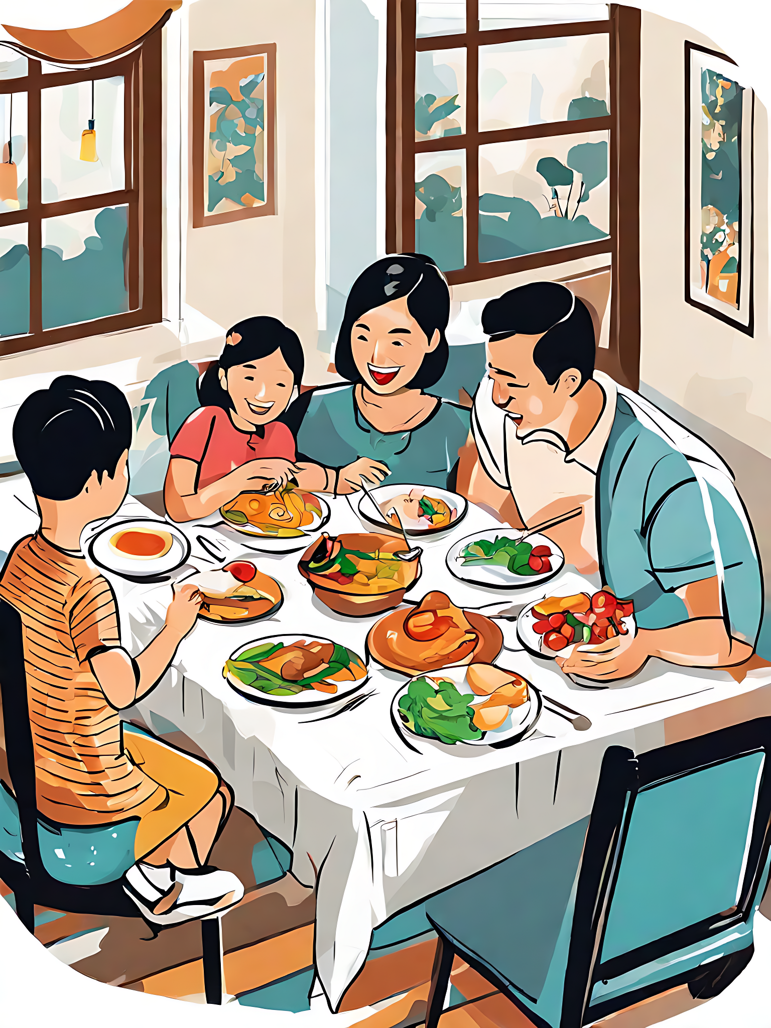 AI数字艺术一家人在吃饭场景插画素材