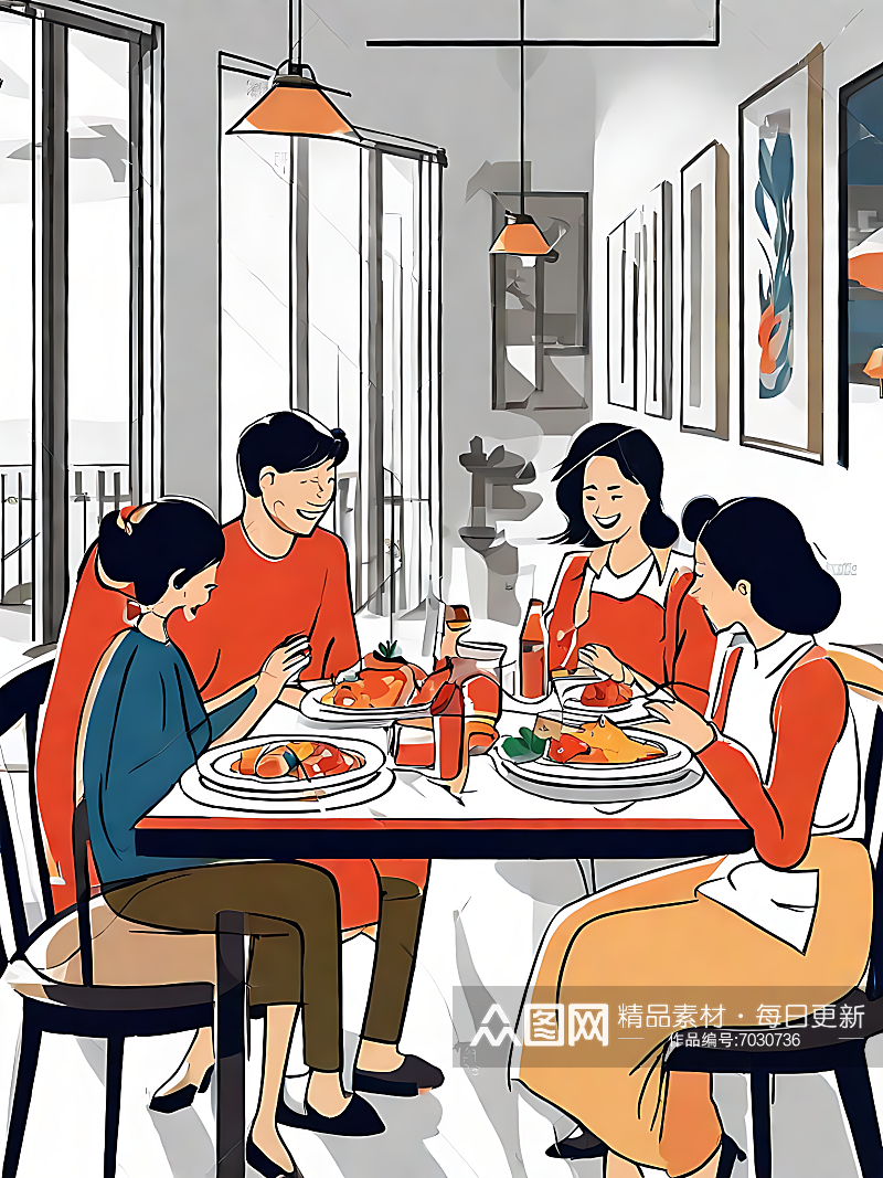 AI数字艺术一家人在吃饭场景插画素材