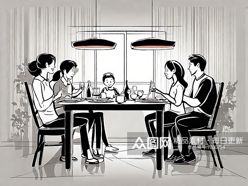 AI数字艺术一家人在吃饭场景插画素材