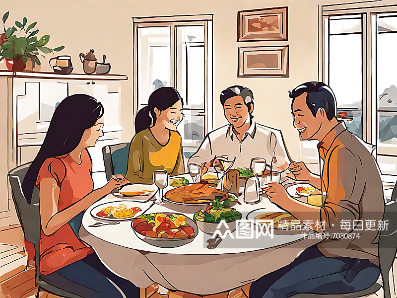 一家人正在吃饭温馨插画AI数字艺术素材