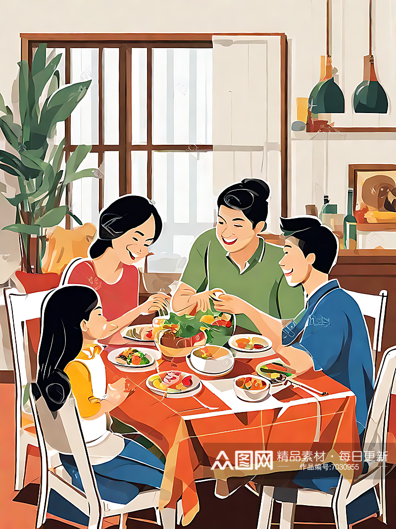 温馨一家人正在吃饭插画AI数字艺术素材