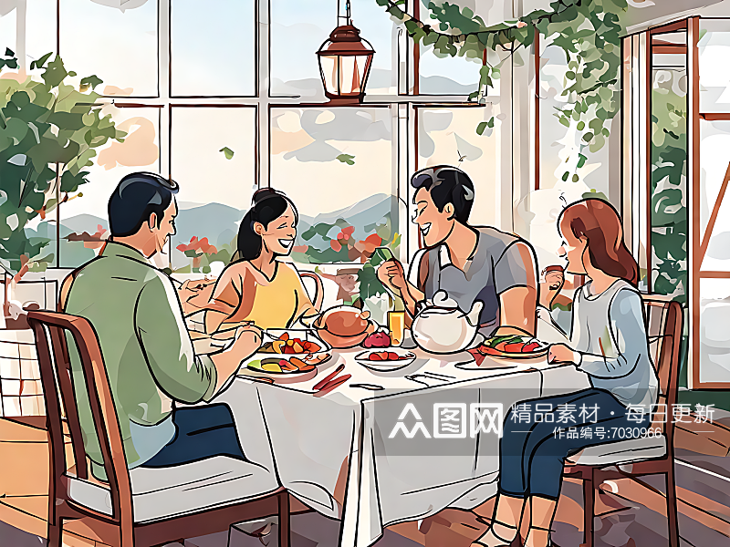 温馨一家人正在吃饭插画AI数字艺术素材