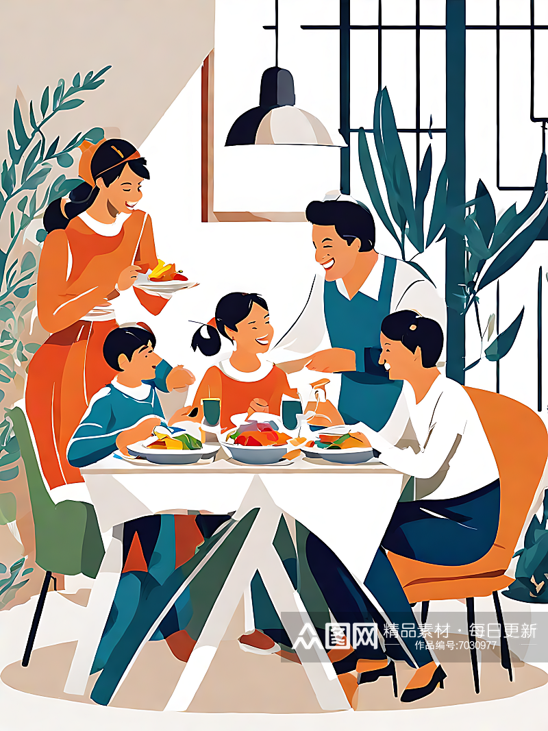 卡通温馨一家人正在吃饭插画AI数字艺术素材
