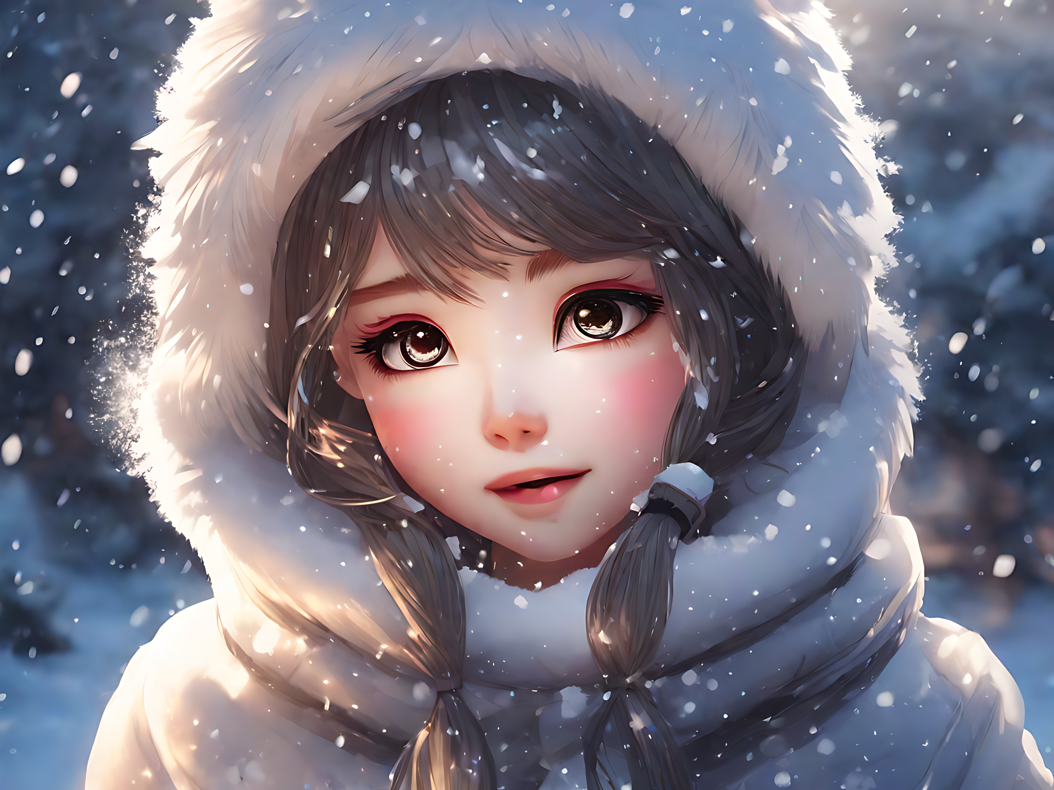 动漫风雪天里的小女孩AI数字艺术素材