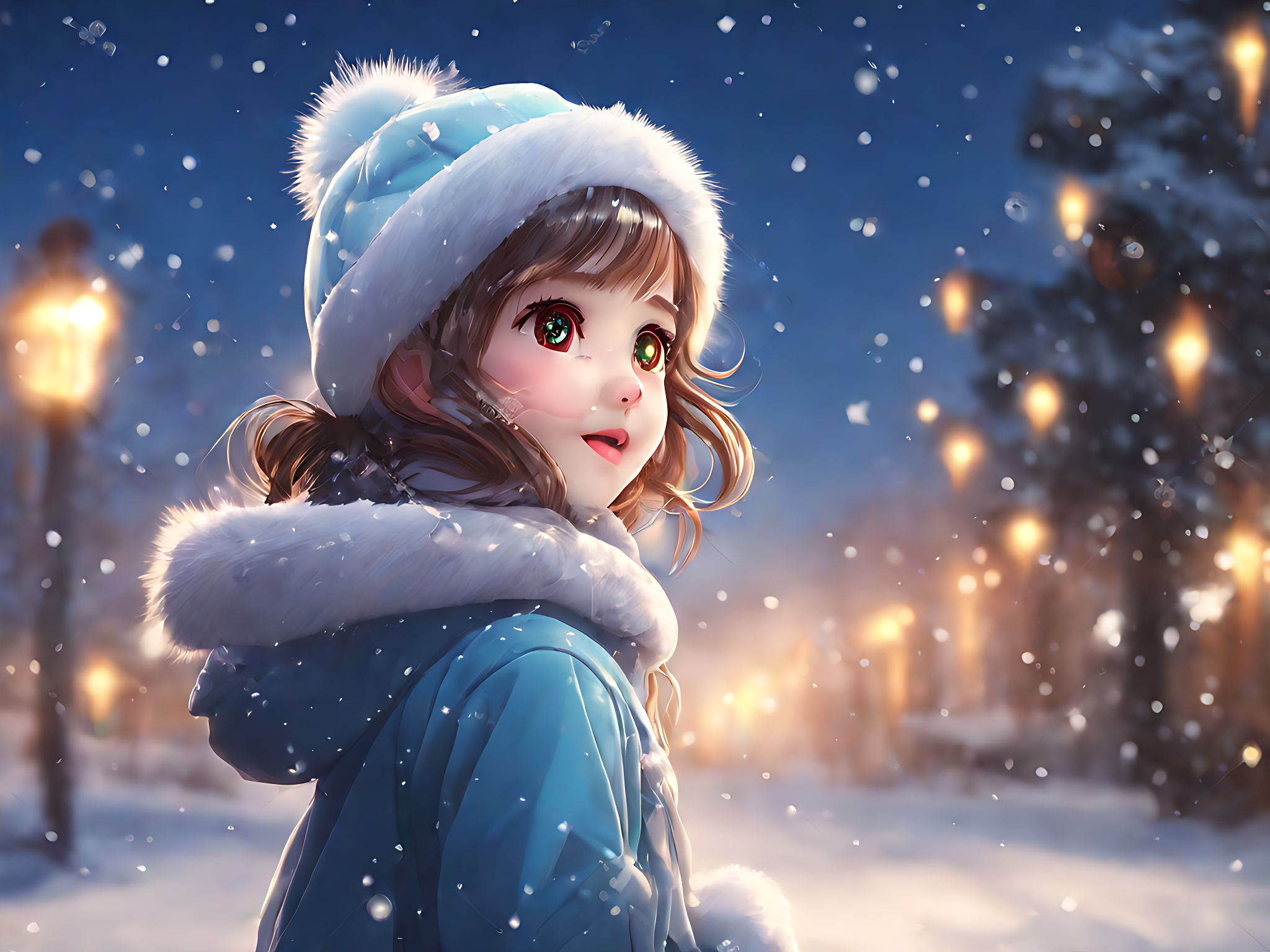 动漫风雪天里的小女孩AI数字艺术素材