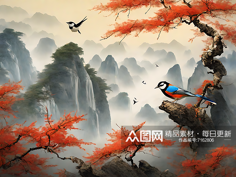 中国风站在树枝上的鸟数字艺术AI素材