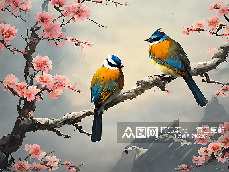 中国风站在树枝上的鸟数字艺术AI素材