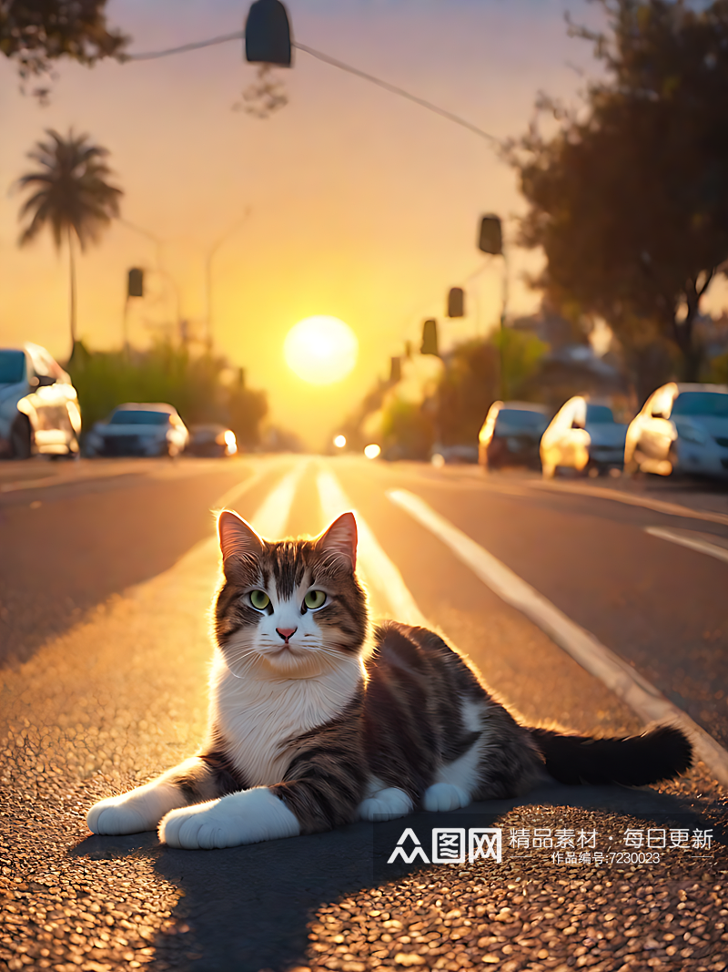 摄影风夕阳下马路的猫咪AI数字艺术素材