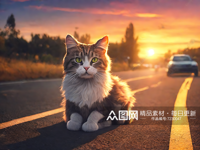 摄影风夕阳下马路的猫咪AI数字艺术素材