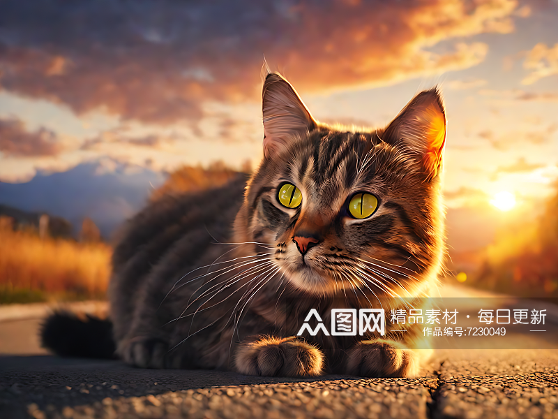 摄影风夕阳下马路的猫咪AI数字艺术素材