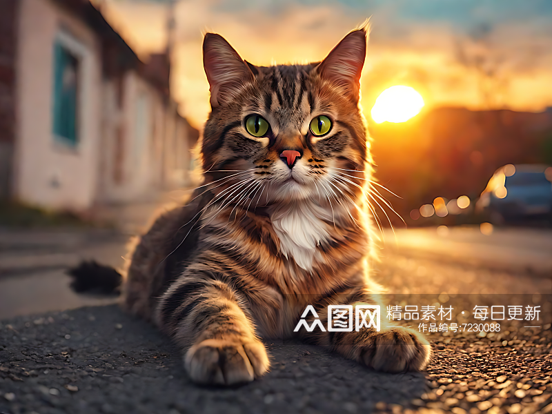 AI数字艺术摄影风夕阳下马路边的猫咪素材