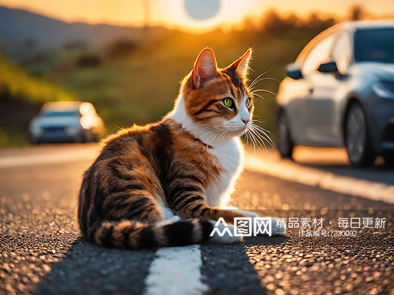 AI数字艺术摄影风夕阳下马路边的猫咪素材