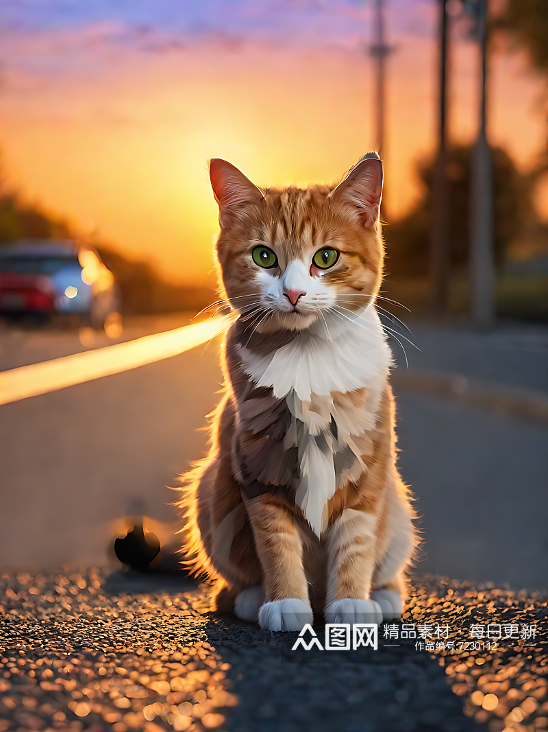 摄影风格夕阳下马路边的猫咪AI数字艺术素材