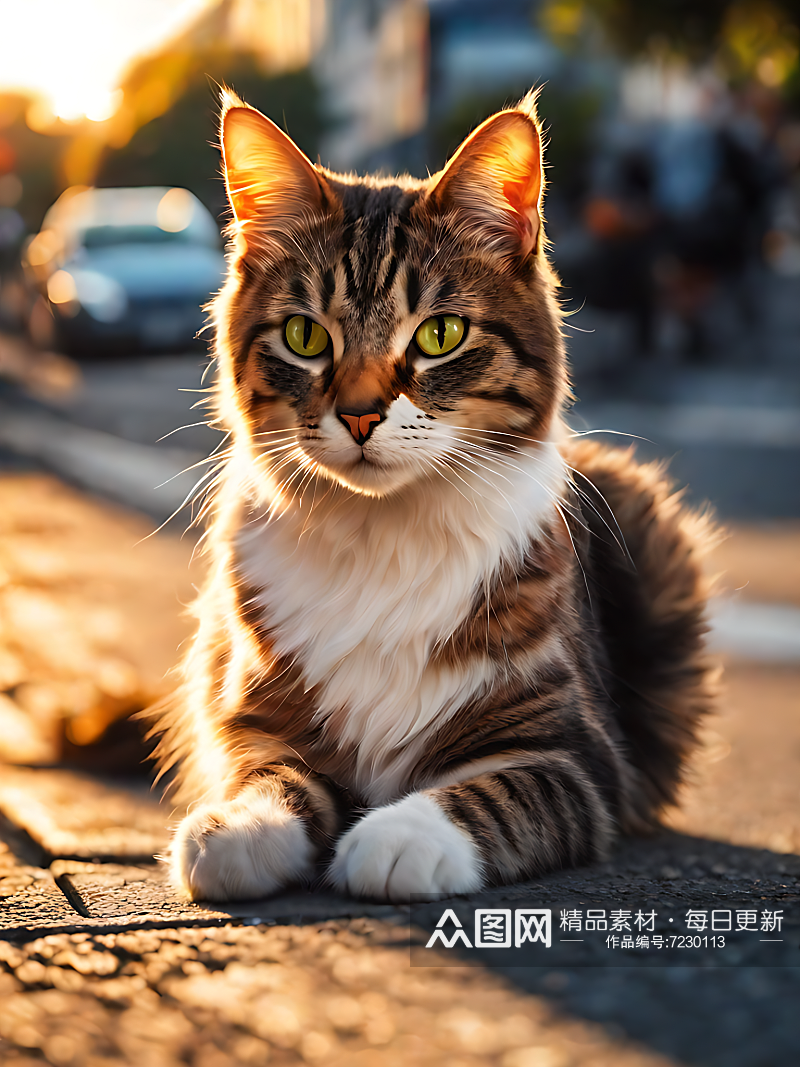 摄影风格夕阳下马路边的猫咪AI数字艺术素材