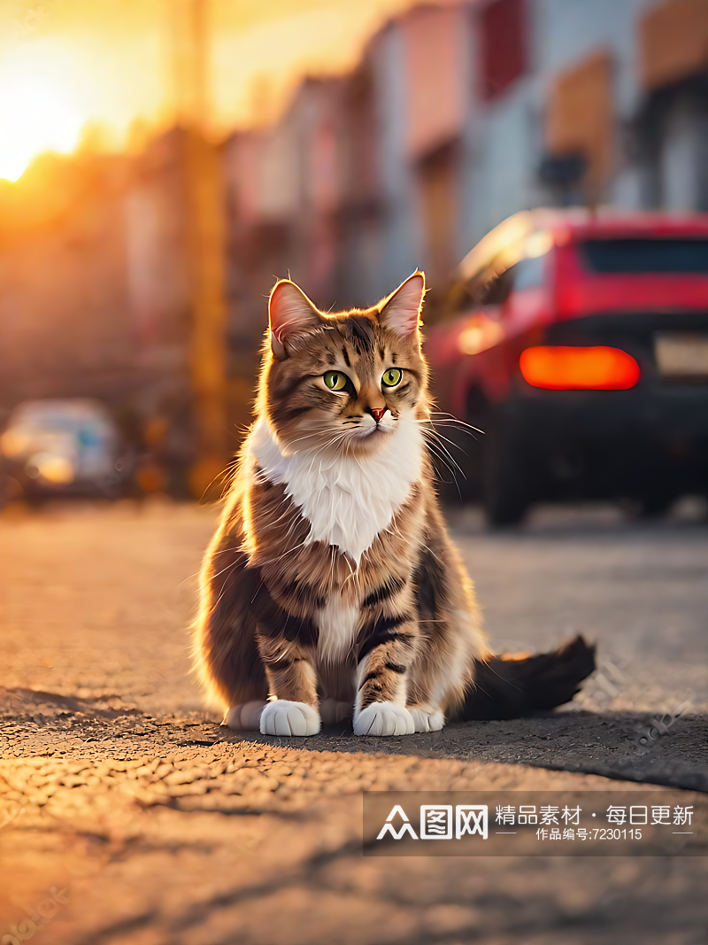 摄影风格夕阳下马路边的猫咪AI数字艺术素材
