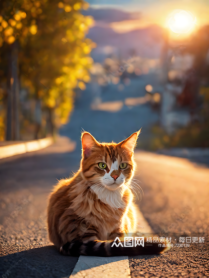 摄影风夕阳下马路边的猫咪AI数字艺术素材