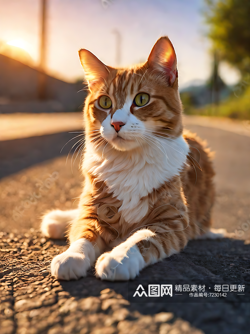 摄影风夕阳下马路边的猫咪AI数字艺术素材