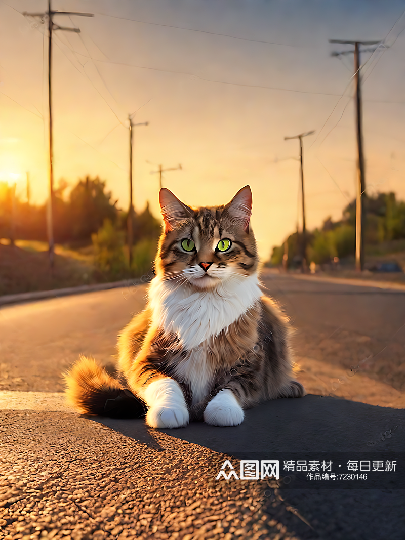 摄影风夕阳下马路边的猫咪AI数字艺术素材