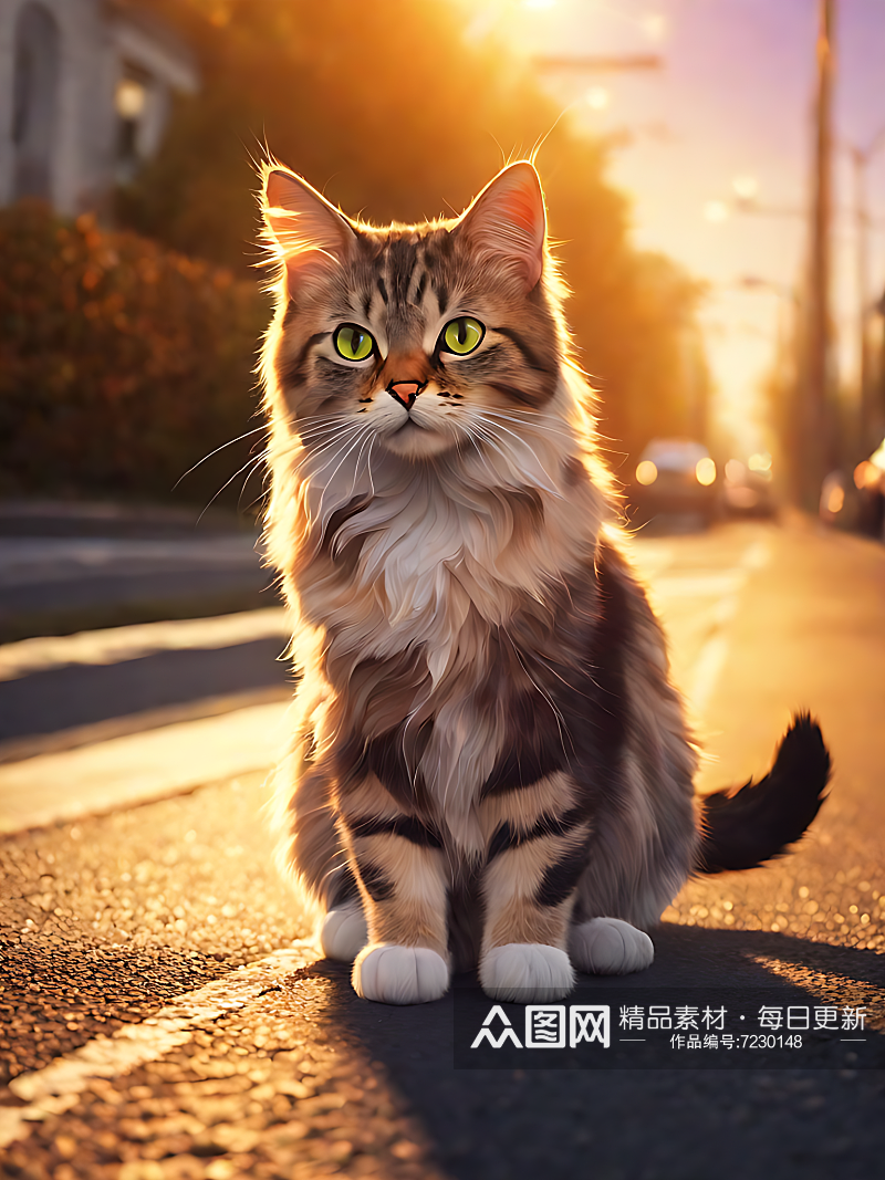 摄影风夕阳下马路边的猫咪AI数字艺术素材