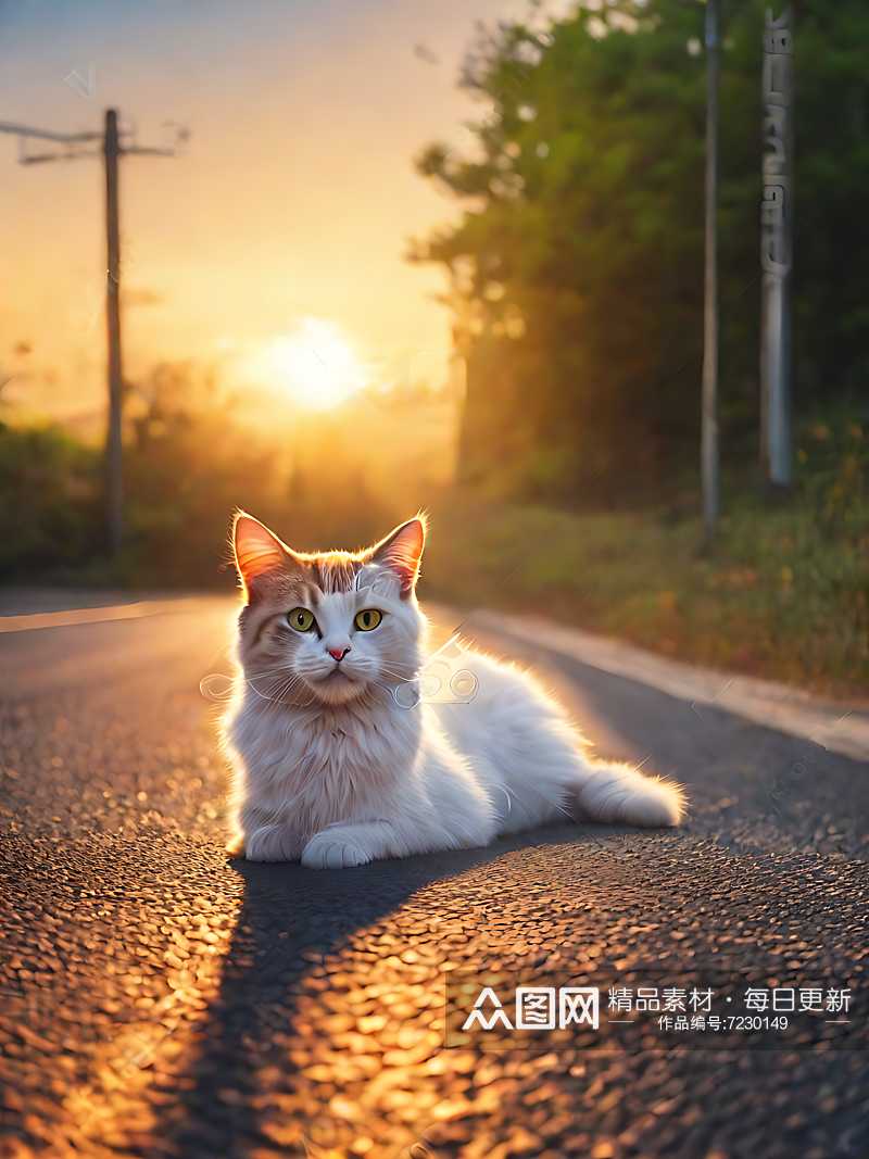 摄影风夕阳下马路边的猫咪AI数字艺术素材